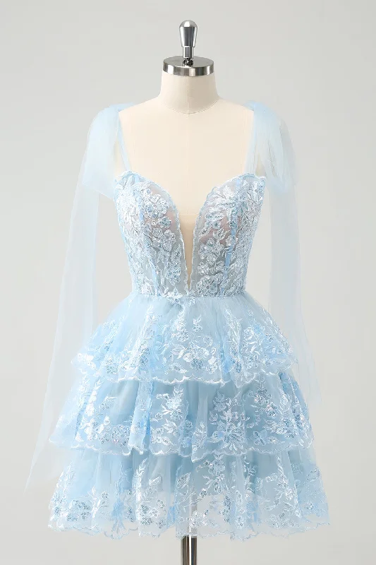 Save Up to 50% Off!Glitter Blue A Line Embroidery Tiered Graduation Dress with Appliques Save Up to 50% Off!Glitter Blue A Line Embroidery Tiered Graduation Dress with Appliques