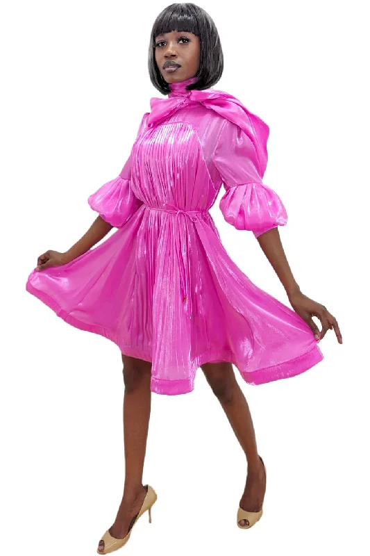 Save More When You Shop More!High Neck Ribbon Shoestring Belt Pleated Short Dress