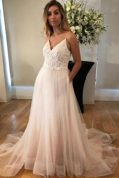 Instant Savings Await!Lace Bodice V-neck Casual Wedding Dresses Tulle Skirt