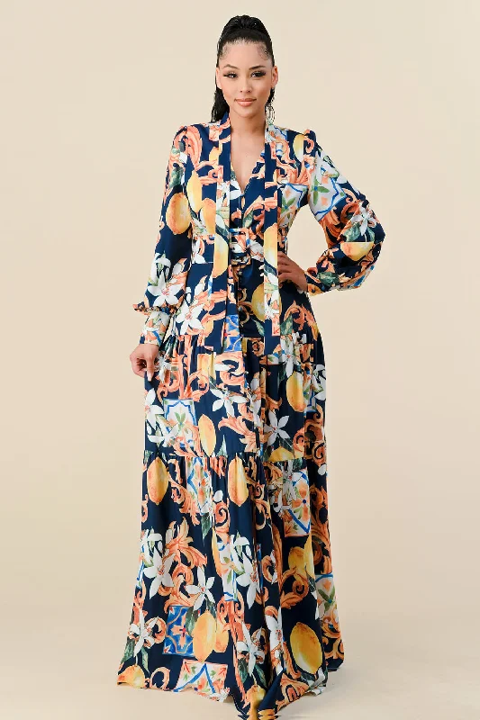 Get the Best for Less!Long Sleeve V Neck Print Maxi Dress