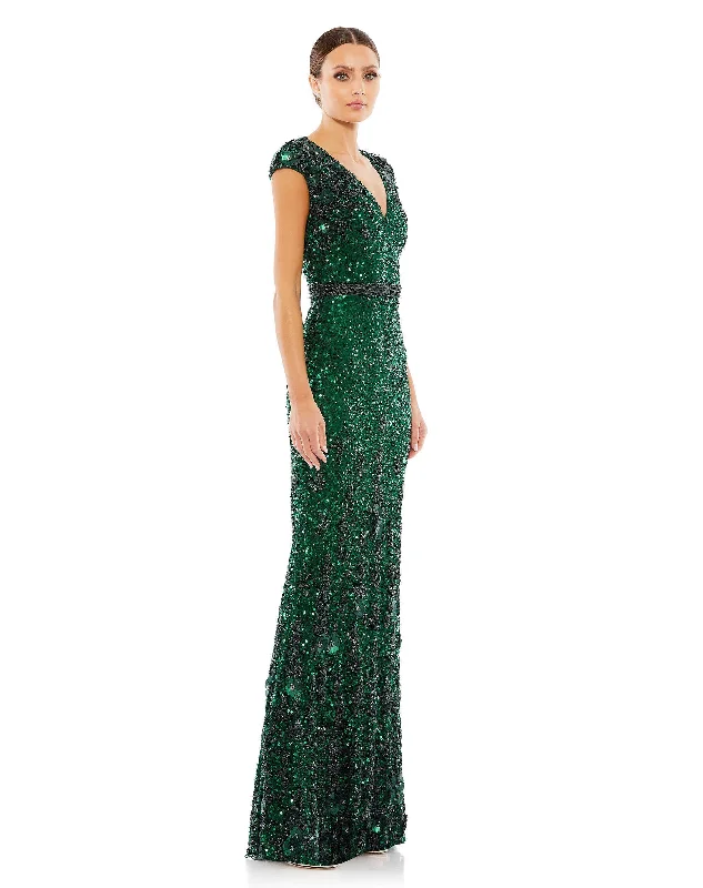 Best Price of the Season!Mac Duggal 5505 Long Embellished V Neck Cap Sleeve Sequin Dress