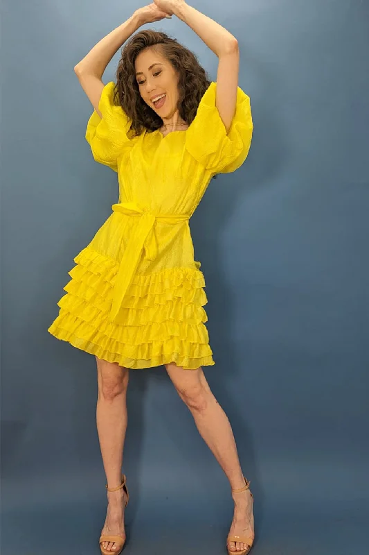 Time to Snag a Bargain!Puff Sleeve Ruffle Wrap Belt Short Dress