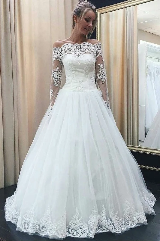 Shop More, Spend Less!Sheer Lace Long Sleeves Wedding Dresses with Buttons Back