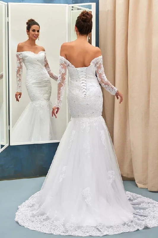 One Day Only – Huge Savings!Sheer Long Sleeves Lace Wedding Gown Mermaid