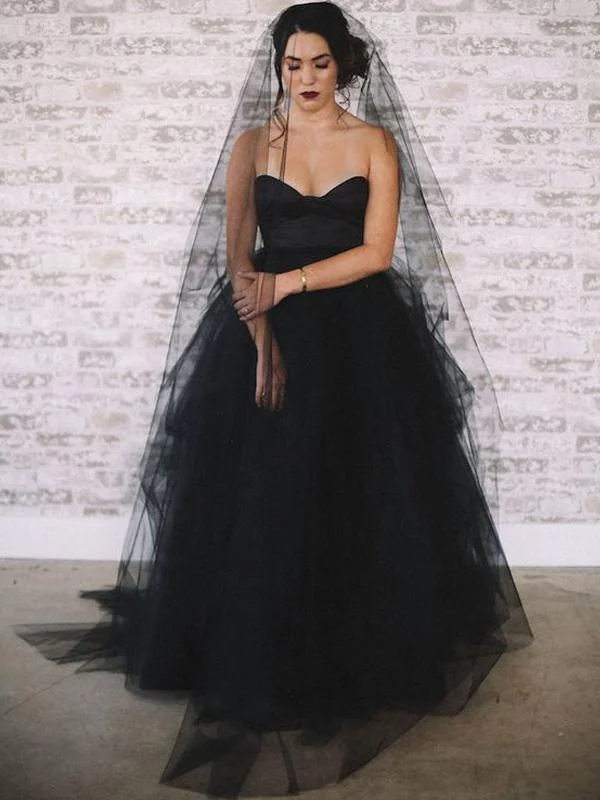 Huge Price Cuts Await!Sweetheart Long A-line Black Tulle Wedding Dresses, Bridal Gown