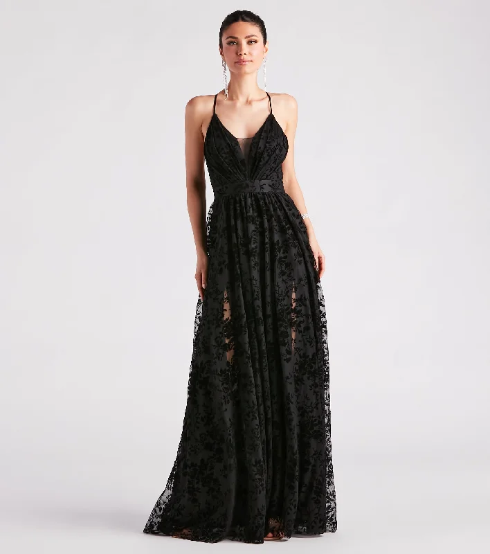 Shop the Hottest Deals!Kimberly Formal Flocked Mesh A-Line Dress
