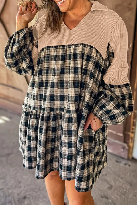 Time to Save Big!Plus Size Plaid Waffle Patchwork Mini Dress