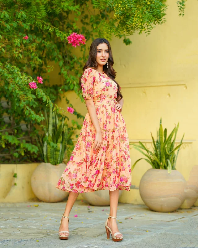 Hottest Discounts of the Year!Peach Flora Chiffon Maxi Dress