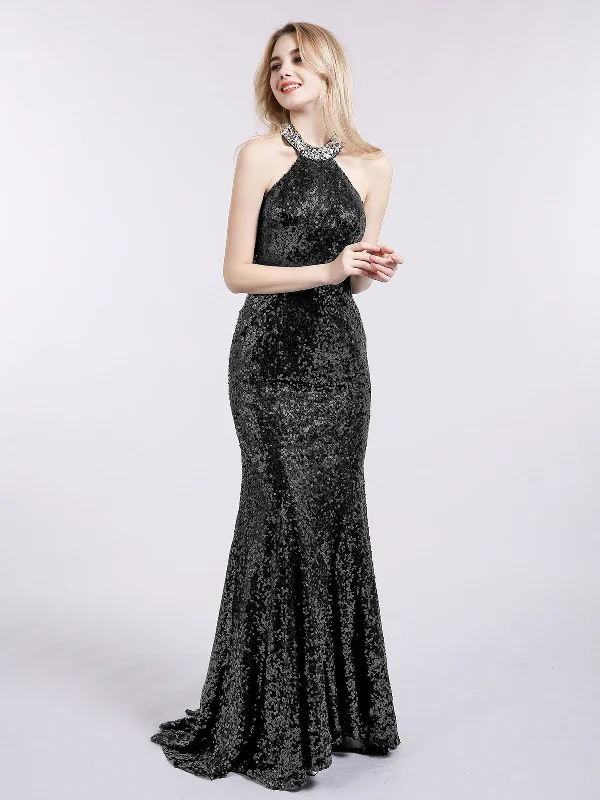 One Click Away from Big Savings!Halter Lower Back Sequins Mermaid Gown-Black