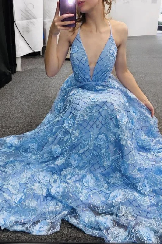 Don’t Wait – Deals Won’t Last!Blue v neck tulle appliqué long prom dress A line evening dress        cg23128