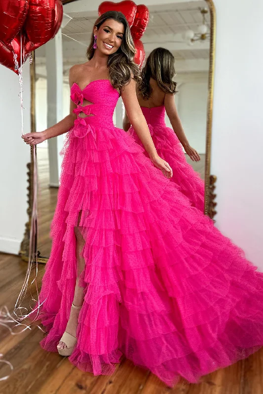 Shop Before It’s Gone!Fuchsia A-Line Strapless Bows Tiered Tulle Long Prom Dress with Slit
