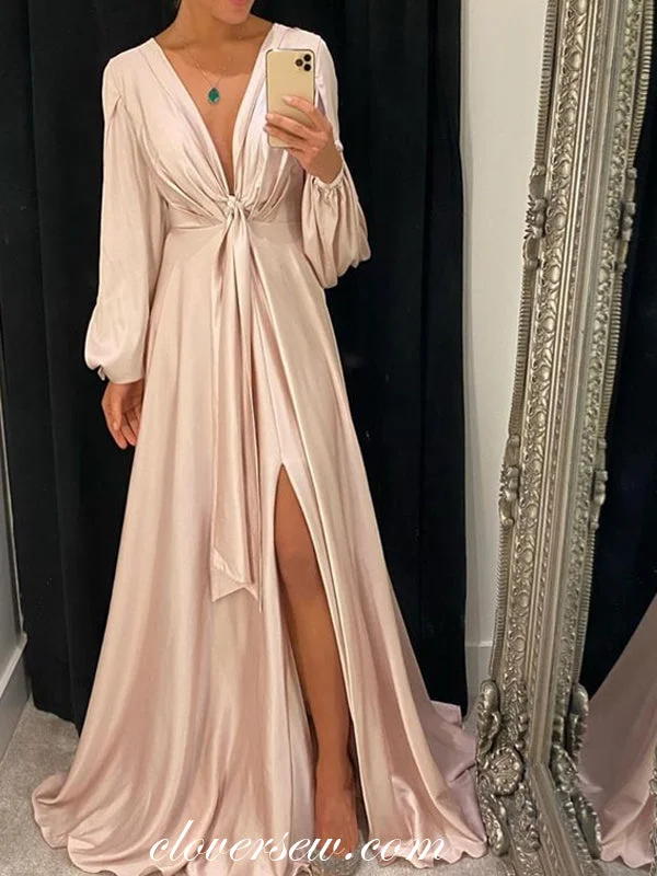 Best Deals Just for You!Gold Champagne Elastic Satin Long Sleeves Party Dresses, CP0673