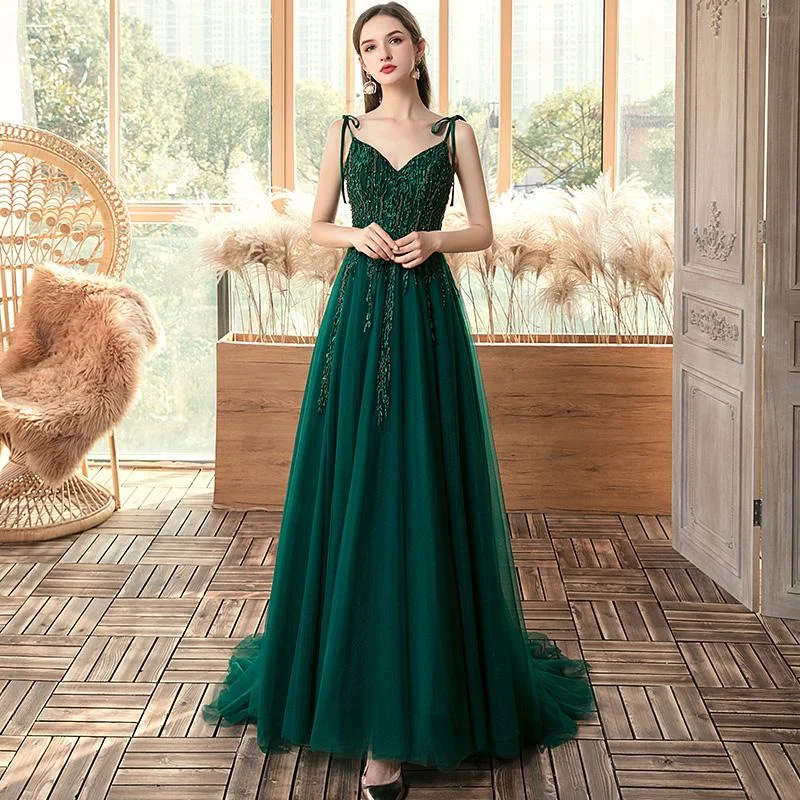 Exclusive Savings This Week!Green Beaded V-Neckline Straps Tulle Long Formal Dress, Dark Green A-Line Prom Dress cg23133 Exclusive Savings This Week!Green Beaded V-Neckline Straps Tulle Long Formal Dress, Dark Green A-Line Prom Dress cg23133