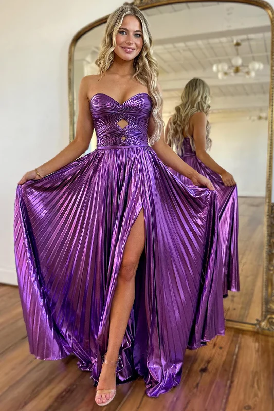 Best Offers of the Month!Metallic Purple A-Line Strapless Ruched Long Prom Dress with Slit Best Offers of the Month!Metallic Purple A-Line Strapless Ruched Long Prom Dress with Slit