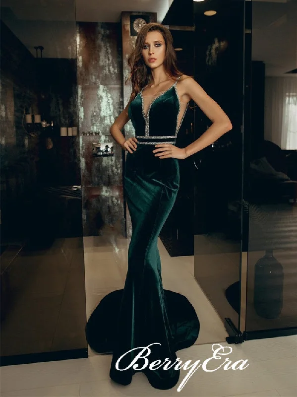 Incredible Savings Inside!Straps Long Mermaid Emearld Green Prom Dresses, Velvet Long Mermaid Prom Dresses, Prom Dresses