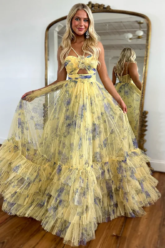 Amazing Prices You Can’t Resist!Yellow Floral A-Line Spaghetti Straps Flower Tiered Tulle Long Prom Dress Amazing Prices You Can’t Resist!Yellow Floral A-Line Spaghetti Straps Flower Tiered Tulle Long Prom Dress