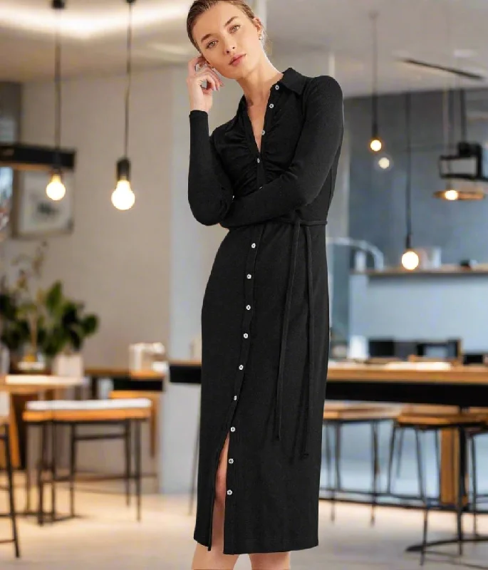Your Dream Deal is Here!Black Buttoned Ribbed Midi Shirt Dress
