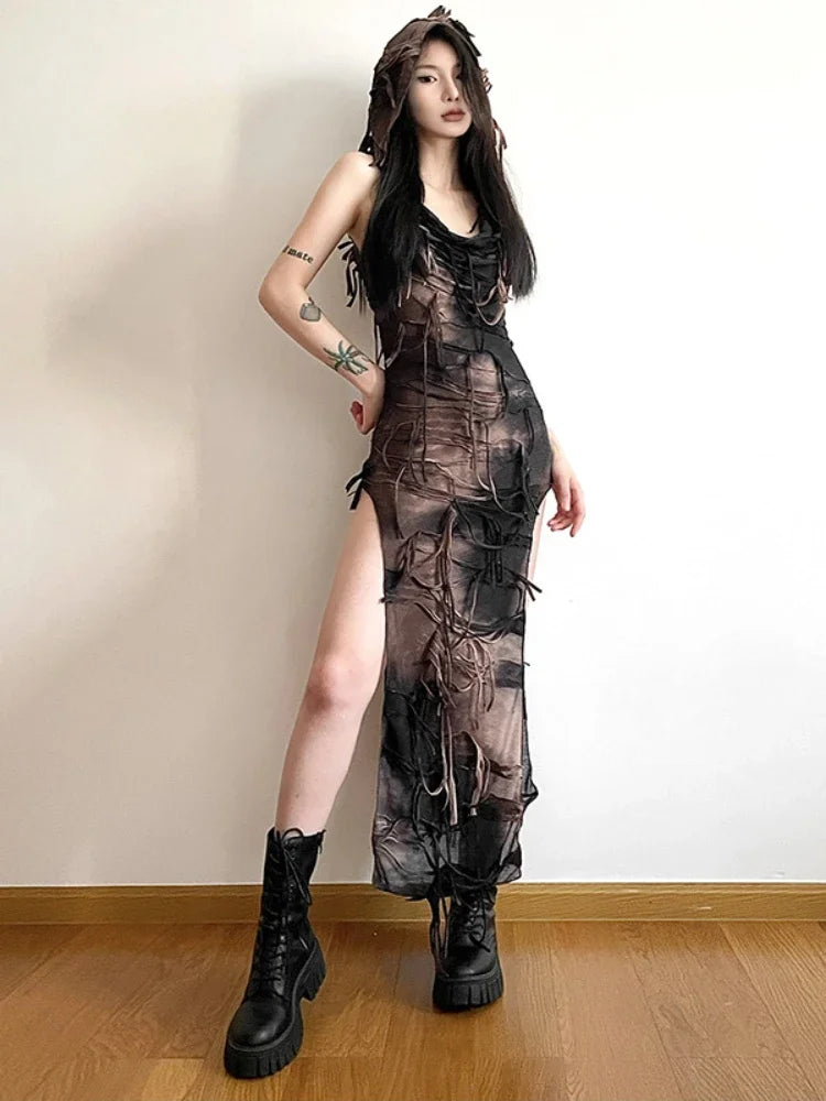 Get Ready to Save!Tassel Vintage Gothic Hooded Midi Dress Fairy Grunge Y2K Sexy High Split Sleeveless Tie Dye Dress