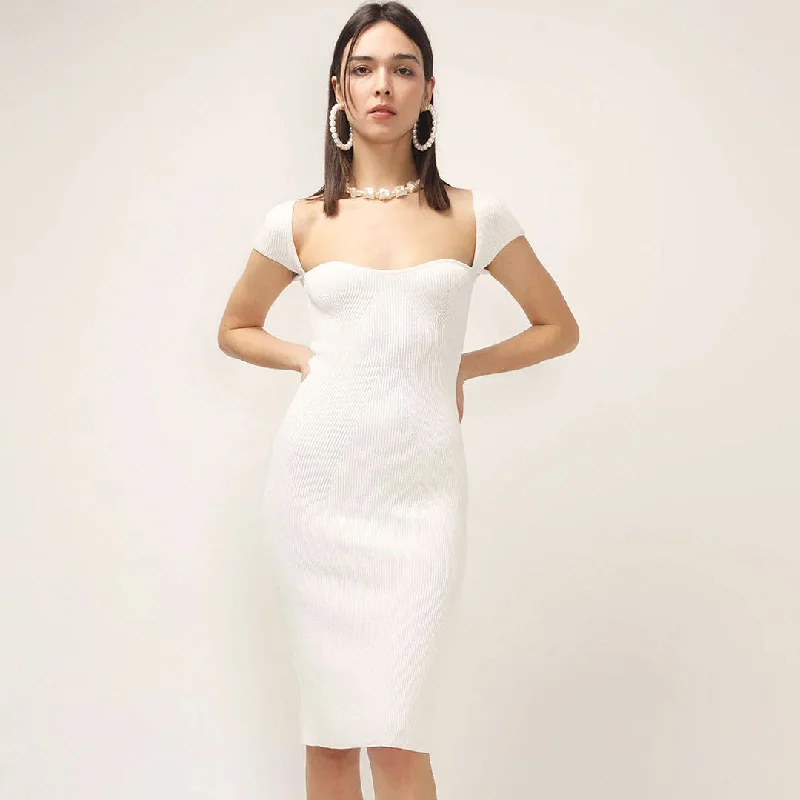 Limited Edition, Limited Price!Sweetheart Neck Cap Sleeve Ribbed Knit Bodycon Midi Dress - White
