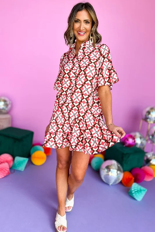 Your Best Deals Are Here!Pink Geometric Print Button Front Skirted Dress